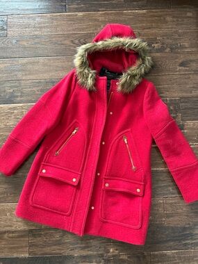 J Crew Women’s' Red Hooded Wool-Blend Coat with Faux-Fur Trim